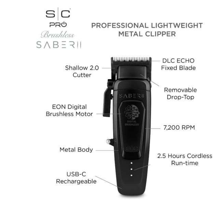 Saber 2 Clipper - Professional Cordless Modular Hair Clipper with High-Torque Digital Brushless Motor in Black