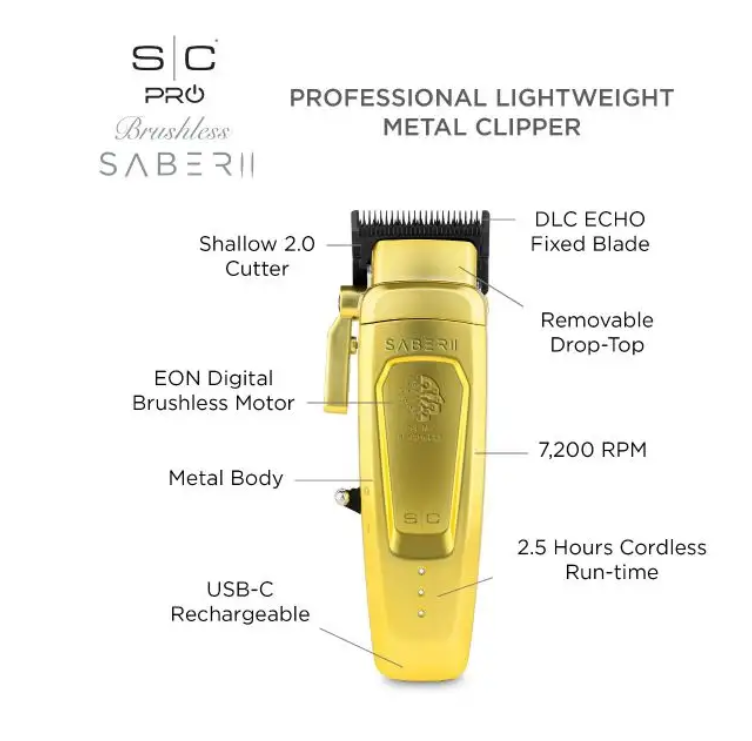 Saber 2 Clipper - Professional Cordless Modular Hair Clipper with High-Torque Digital Brushless Motor in Gold