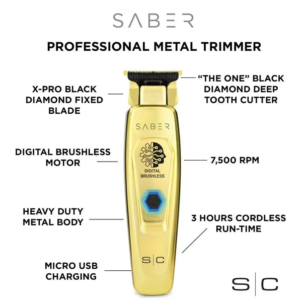 StyleCraft Saber Professional Full Metal Body Digital Brushless Motor Cordless Hair Trimmer - Gold-SC405G