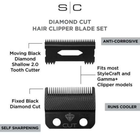 StyleCraft S|C REPLACEMENT DIAMOND CUT FIXED FADE HAIR CLIPPER BLADE WITH SHALLOW TOOTH 2.0 MOVING CUTTER SET #SC540B